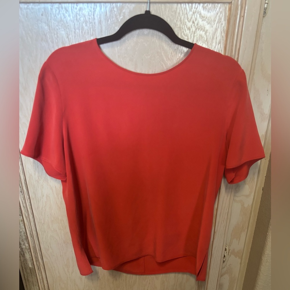 DUE PER DUE Womens Size 12 Coral Orange Short Sleeve 100% Silk Blouse Shirt Top